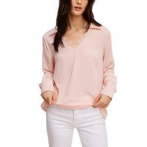 SINGLE THREAD TOP WOMEN'S SIZE SMALL LACE TRIM V NECK POPOVER BLOUSE PINK NEW